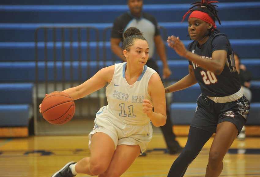 State Fair Community College guard Grace Goodwin drives to the hoop in Friday night&rsquo;s victory over Jefferson College.