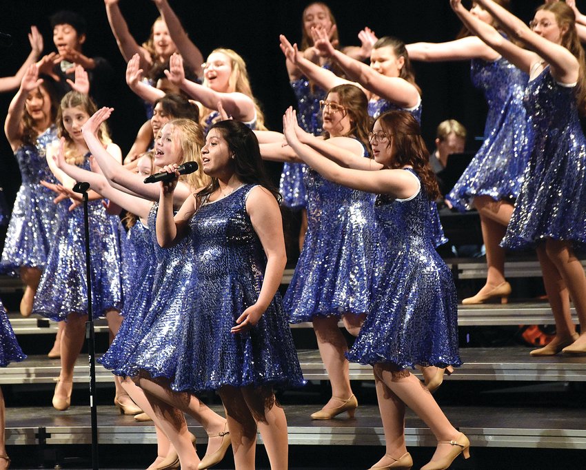 Smith-Cotton High School&rsquo;s Vocal Velocity performs Monday evening in the Heckart Performing Arts Center during the S-C Show Choir Reveal. The singing group will be participating in the Show-Me Classic Competition featuring 22 choirs that will be hosted at the school on Saturday.