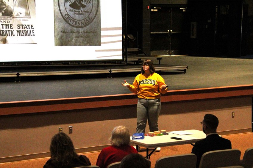 Smith-Cotton student Ella Kennedy presented her research project about Henry Lamm Tuesday morning in the Heckart Performing Arts Center. Kennedy did her research projects based on her boyfriend's family.
