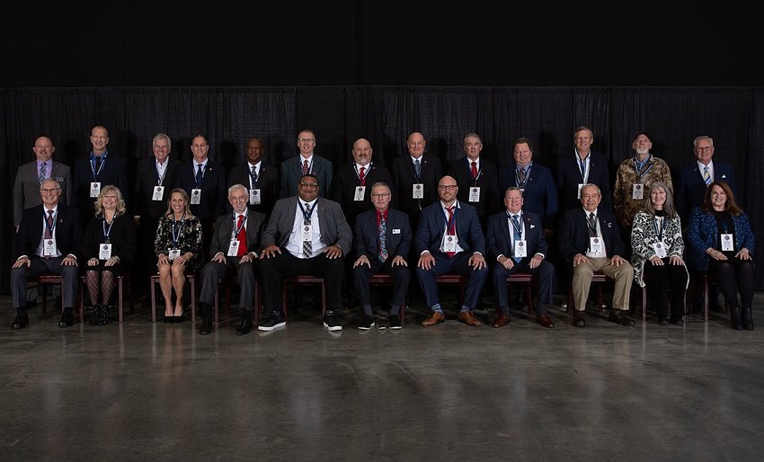 The Missouri Sports Hall of Fame's Class of 2022 was inducted Sunday night in Springfield in front of a crowd of over 1,600. Front row, left to right: Randy Magers, Delanne Carlson representing Grain Valley High School Cheerleading Program, Julie Dorn, Forrest Lucas, Willie Roaf, Chairman Kris Conley, Matt Holliday, Craig Curry, Ray Hentges representing Helias Catholic High School Golf Program, Trish Knight representing West Plains High School Volleyball Program and Ace Award recipient Bonnie Keller. Second row, from left: President Byron Shrive, Ken Morrow, Bryan Magers representing Bryan Properties, Jay Osborne, Rick Byers representing St. Pius 1998-2002 Football Era, Jon Leamy, Tim Poe, Mike Swanson, Steve Hesser, Rich Gould, Don Peterson, Larry Whiteley and CEO &amp; Executive Director Jerald Andrews.