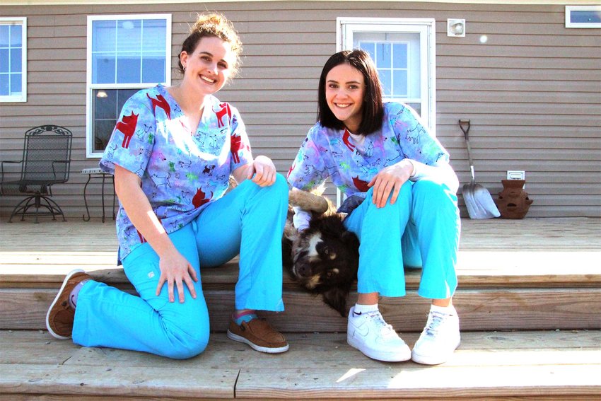 Two Sisters Dog Salon owners Jillian Jacovino, 20, and Jenna Halter, 16, sit together with one of their dogs Tuesday morning outside of their family's home. Jacovino and Halter opened their business in February and it is located in Otterville.