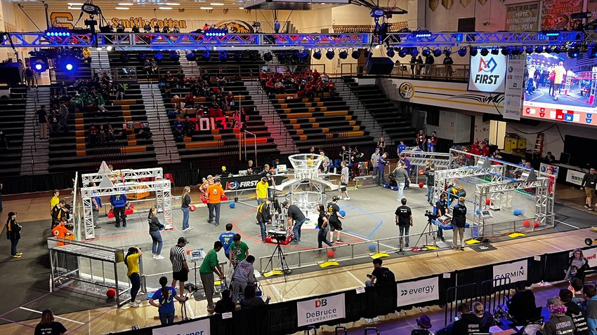 The FIRST Central Missouri Regional robotics competition being hosted at Smith-Cotton High School this weekend began with practice matches Friday afternoon for all 24 teams. The qualification matches will begin at 9 a.m. Saturday and Sunday.