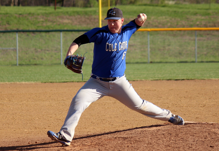 Cole Camp&rsquo;s Austin Bunch, a first-team all-Kaysinger selection in 2021, serves up a pitch against Tipton in a 2019 Kaysinger Conference Tournament victory. The Bluebirds, now under Brendan Rusk, have young talent and aim to be back at the top of the conference this spring.