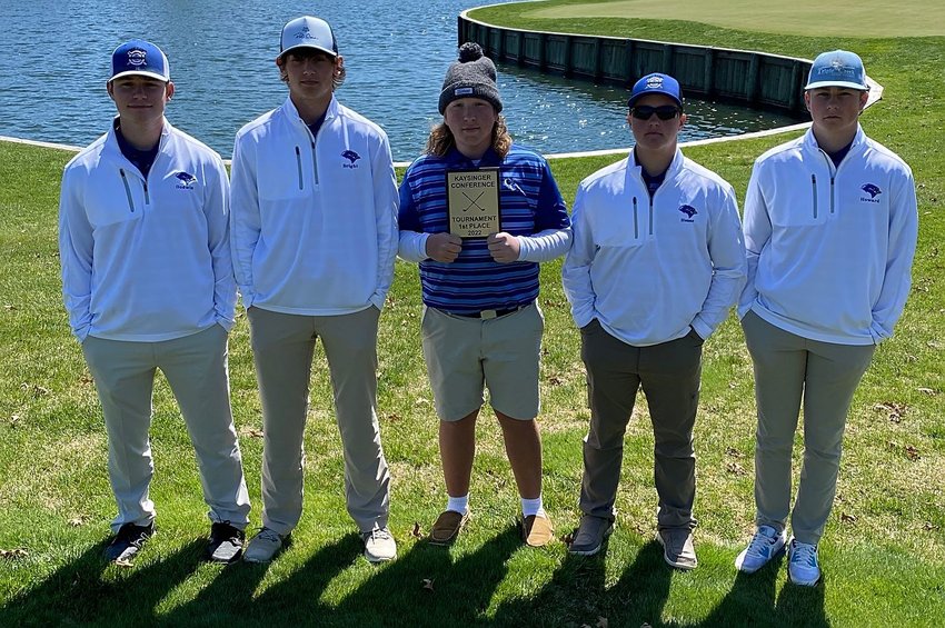 Cole Camp&rsquo;s golfers, the quintet of (left to right) Spencer Godwin, Matthew Bright, Gage Oelrichs, Wyatt Hesse and Tyler Howard, enjoy a photo Thursday afternoon with the Kaysinger Conference Tournament first-place trophy at Mules National Golf Course in Warrensburg.