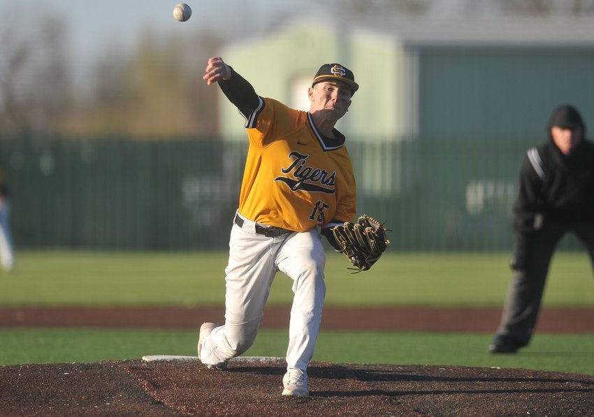 Smith-Cotton&rsquo;s Jacob Brownfield, who threw 1 1/3 innings of hitless, scoreless ball, delivers a pitch in Monday afternoon&rsquo;s game against Warrensburg at Liberty Park Stadium.
