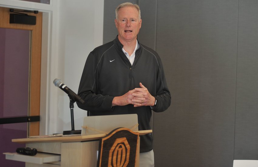 A guest speaker for the Sedalia Optimist Club, Kim Anderson talks about his career as a player and coach Tuesday afternoon at the newly opened Heckart Community Center.