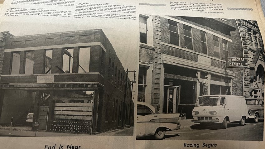 Two photos printed in the Oct. 7, 1967, Sedalia Capital show the beginning of the 108-110 W. Fourth St. building being torn down. The building was demolished to make room for a parking lot.