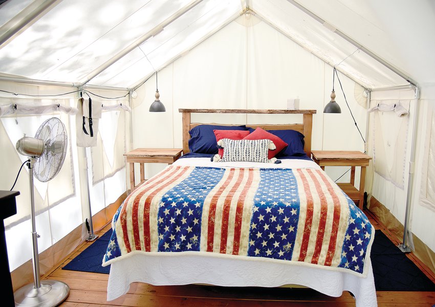 The Freedom glamping site at Diamond S Ranch is decorated in a patriotic theme. All sites come with a coffee maker, fire pit, water, shower and toilet. Tucked back in rural Morgan County, the sites are peaceful and quiet.