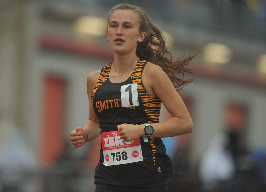 Smithton&rsquo;s Riley Bryan keeps pace in the 3,200-meter run event at the Class 2 State Track Championships Saturday in Jefferson City. The defending champion, Bryan finished third.