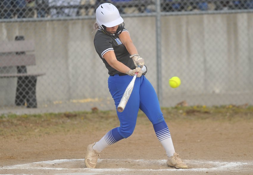 Cole Camp's Haidyn Massingill makes contact with a pitch in this year's Kaysinger Conference Tournament Championship game, won by the Lady Bluebirds.