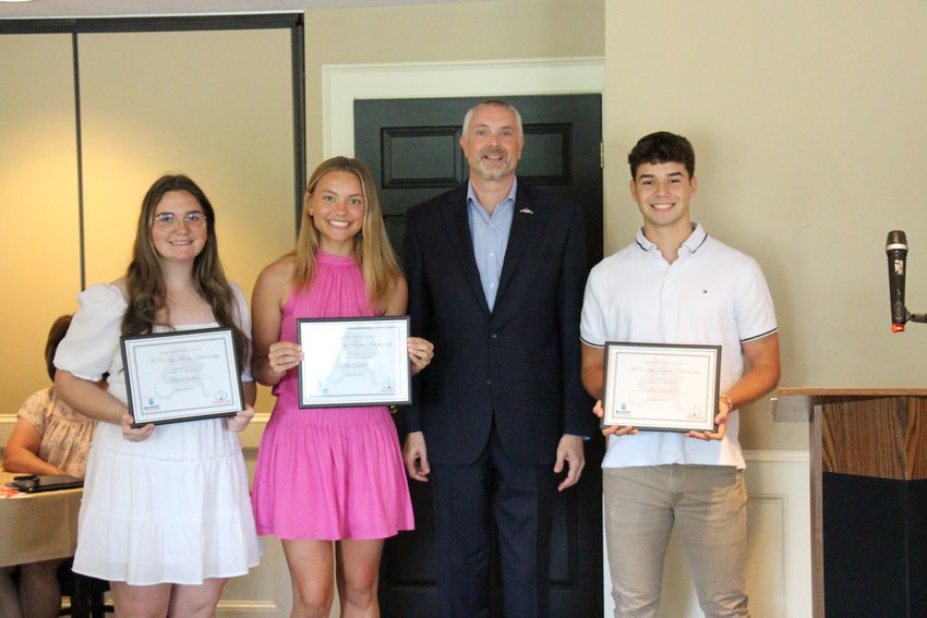 Karl Kramer, McCarthy Auto Group Communications Director (center) presented three SHS graduates with $2,000 each from the McCarthy Toyota Scholarship during the Senior Awards Lunch at the Sedalia Country Club. The 2022 recipients are (pictured from left) Claire Smeltzer, Kiley Beykirch, and Ian Viscarra.