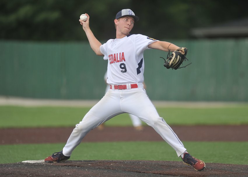 Starting pitcher Blaine Kreisel throws as part of his victory for the Sedalia Travelers in the first of two games at Liberty Park Stadium on Wednesday.