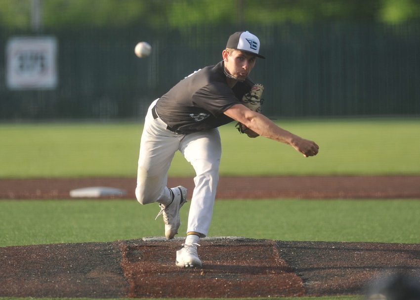 Bombers pitcher Parker Wright delivers in an outing against the Joplin Outlaws on June 9 at Liberty Park Stadium.