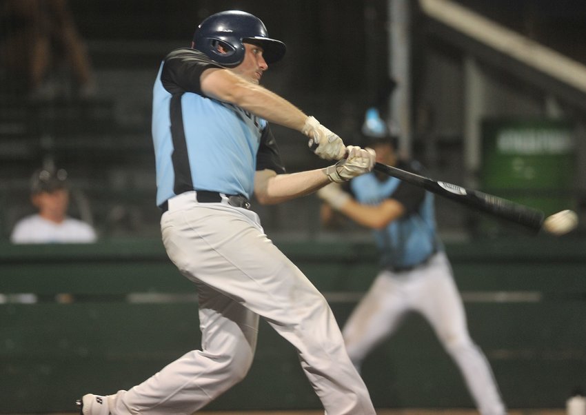 Sedalia Bombers outfielder Duffin Makings makes contact but lines out to end the eighth inning of an eventual defeat Tuesday night to the Jefferson City Renegades at Liberty Park Stadium.