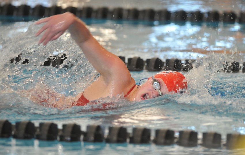 Bandits swimmer Sarah Miner competes in the 200-yard freestyle event during the team&rsquo;s meet Wednesday night at the Heckart Community Center.