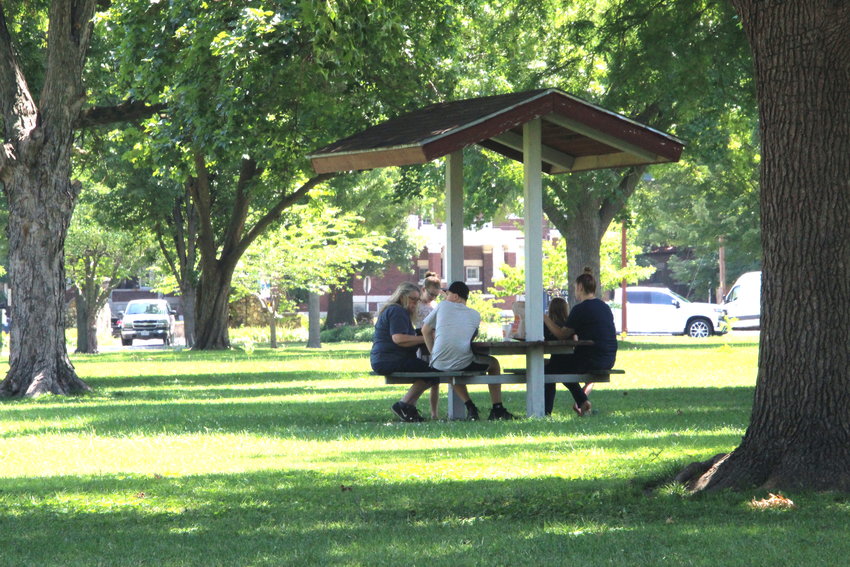 A family sits together in the shade while enjoying lunch at Liberty Park on Monday. July is National Parks and Recreation Month, so the park is perfect for a family picnic.