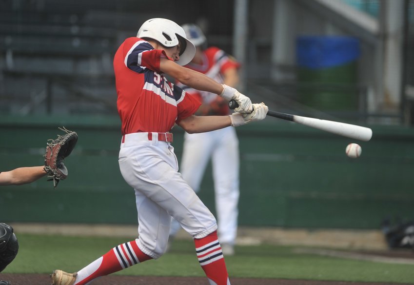 Sedalia Post 642 AUX&rsquo;s Hayden Sleeper makes contact with a pitch in a home ball game with Marshall on June 17.