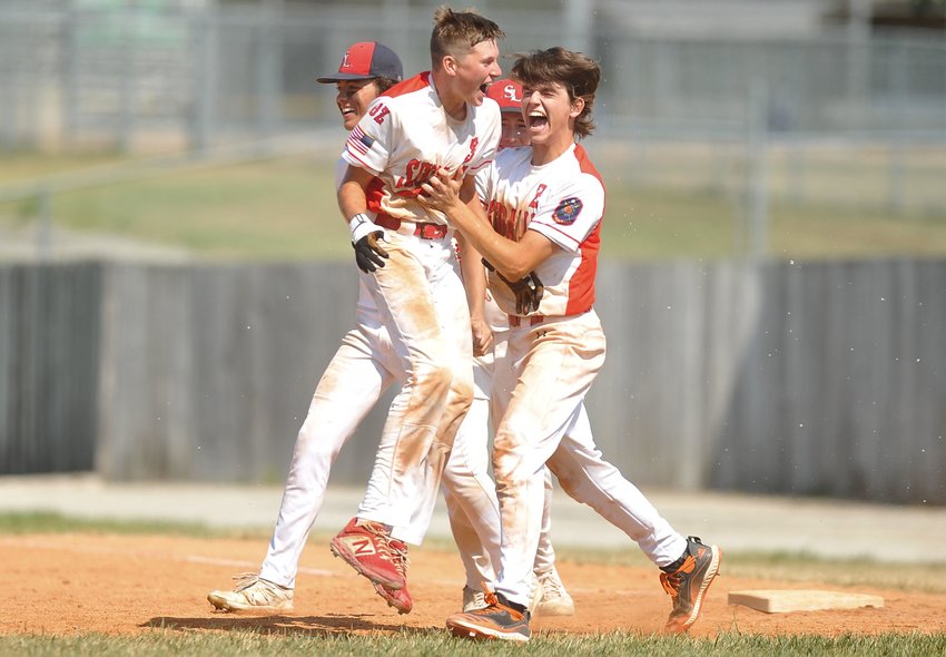 The excitement of winning the Zone 2 Championship is on the faces of Sedalia Post 642 AUX players Brayden Butts (3) and Josh Hagle (2) following Butts&rsquo; game-winning hit in Sunday&rsquo;s game.
