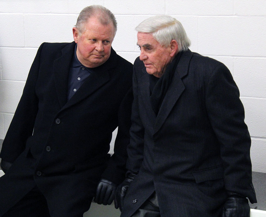 Former Sedalia Mayor Larry Foster, left, and former state Sen. Jim Mathewson share a conversation during the donor recognition reception in February 2015 at Tiger Stadium behind Smith-Cotton High School.