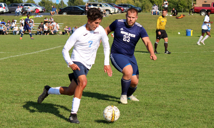 State Fair Community College midfielder Angelo Salomone works down the near touchline during a home men&rsquo;s soccer victory in 2018. That Roadrunners program and others could receive new dedicated fields with adequate donations and fundraising, part of a long-term strategic plan for athletics.