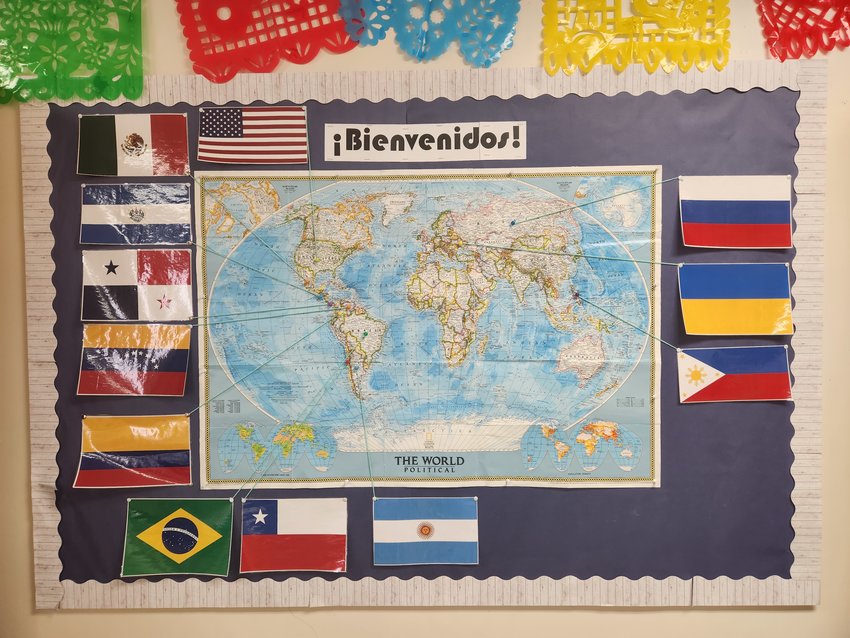 This map is used at Sacred Heart School during the year to help the students identify the flags and locations of all the countries represented by the student body.