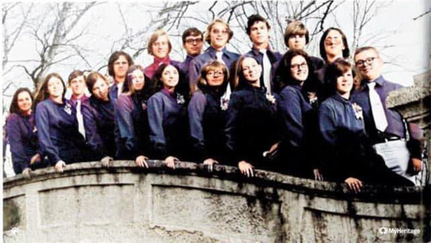 The 1972 Smith-Cotton New Score stands on the Liberty Park bridge for a group photo. 1972 was the first year for New Score at Smith-Cotton High School.