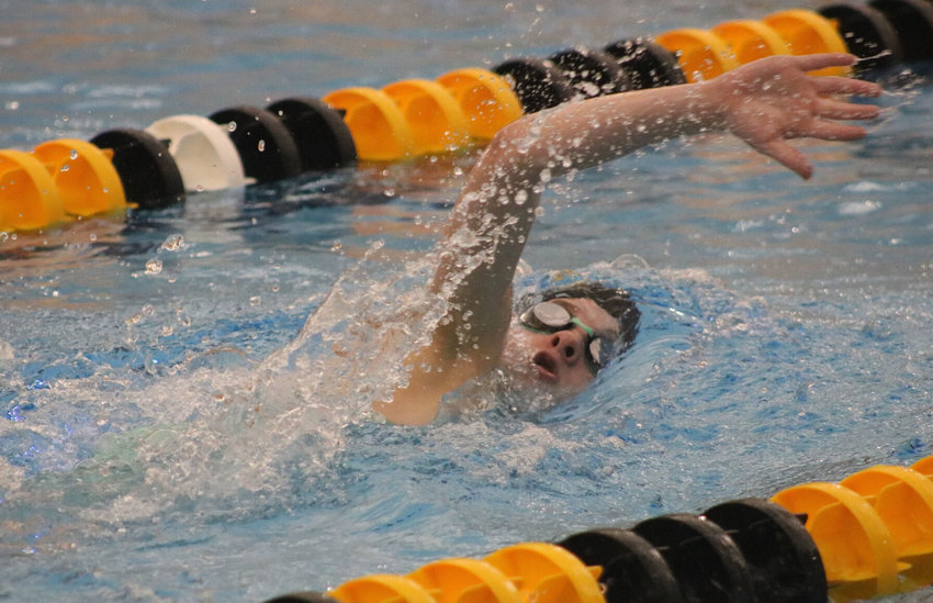 Smith-Cotton sophomore Camden Youngblood swims the 500-yard freestyle in Wednesday's West Central Classic, breaking the Lady Tigers' program record in the process.   PhotoCredit: Photo courtesy of Sedalia School District 200