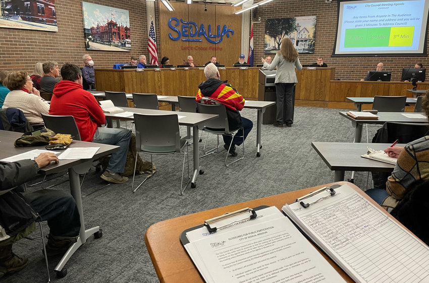 Sedalia lawyer Laurie Ward addresses the Sedalia City Council Monday evening during a public hearing on an ordinance to amend zoning related to transitional services; in other words, the Mercy Rest Stop.   Photo by Chris Howell | Democrat