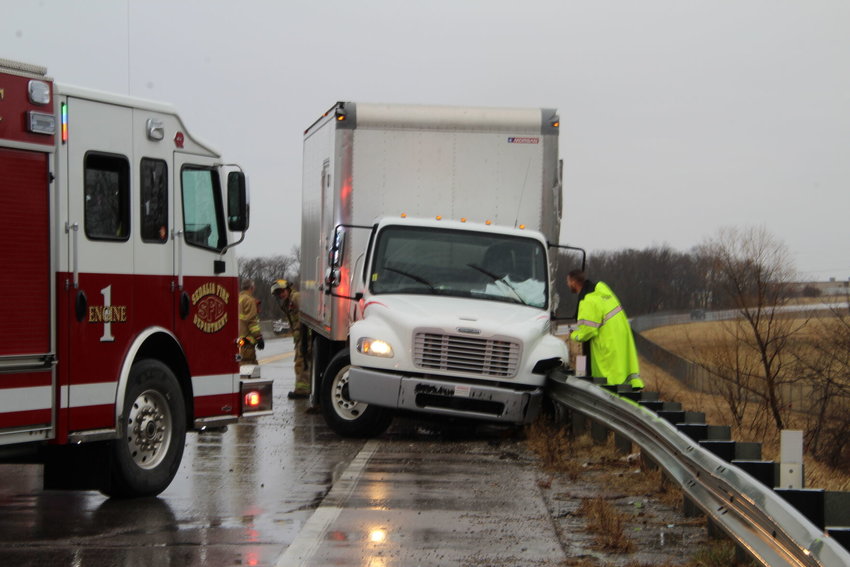 On Wednesday, Feb. 22, a semi-truck and box truck sideswiped each other. The box truck driver lost control and hit the guardrail on the South Limit Avenue and West Main Street overpass.&nbsp;