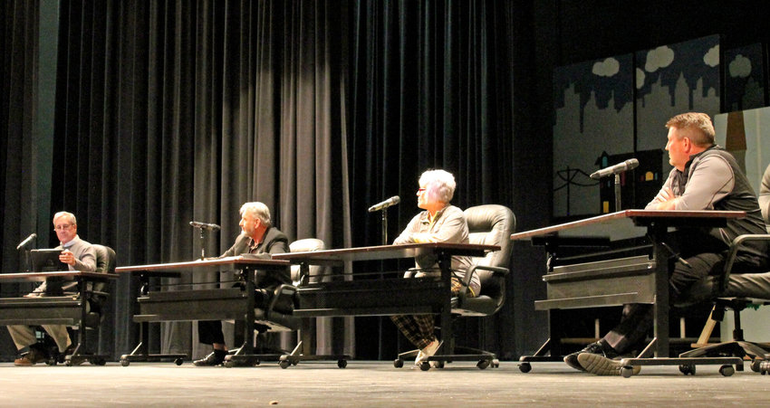 From left, Scott Gardner, Dale Garrett, Pam Moon and Brad Grupe participate in the Sedalia School District 200 Board of Education candidate forum hosted by the Sedalia Community Educators Association on Tuesday evening, Feb. 22, at Smith-Cotton High School.