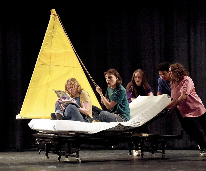 From left, Smith-Cotton theatre students Lily Ream, who plays Benjamin, Brady Rowland, Lydia Tester, John Hall, and Lana Simmons perform at a dress rehearsal Wednesday night, March 1 for the one-act play &quot;The Yellow Boat.&quot; The play is presented as Theatre for a Cause; proceeds will go to the Community Caf&eacute;.