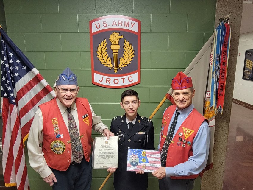 On Feb. 22, four S-C JROTC cadets presented themselves to the board to have a chance to compete for the Cadet of the Year. These cadets have studied the JROTC curriculum with their peers and leaders in their companies. The Smith-Cotton JROTC recognized Cadet Braydon Lucero from Charlie Company. Lucero has shown exceptional leadership skills, confidence, and knowledge of the curriculum. From left, Don Barbour, Lucero and Cliff McBride of the 40 &amp;amp; 8 veterans organization.   Photo courtesy of Sedalia School District 200