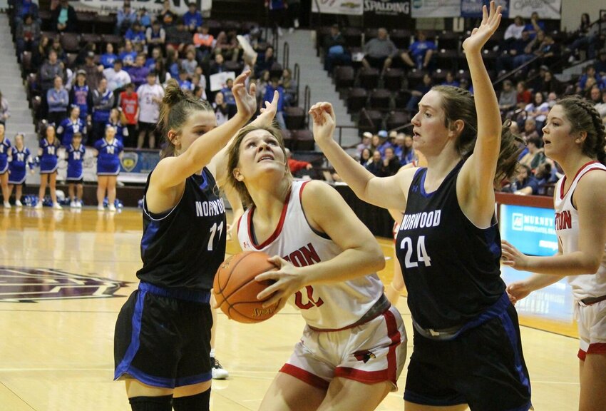 Tipton senior Briar Cox waits for a chance to put up a basket in the paint against Norwood in Friday's Class 2 Girls Basketball state semifinal at Hammons Student Center in Springfield.&nbsp;