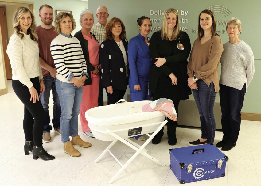 From left, Crystal Wagner, Blake Wagner Foundation founder; Parker Hayes and Angie Hayes; Michele Laas, Bothwell chief nursing officer; Keith Hayes; Lori Wightman, Bothwell CEO; Hollie Dubroc, Bothwell Women&rsquo;s Health and Newborn Care director; Lauren Thiel-Payne, Bothwell Foundation executive director; Danielle Beltz and Janice Wieberg.   Photo courtesy of Bothwell Regional Health Center