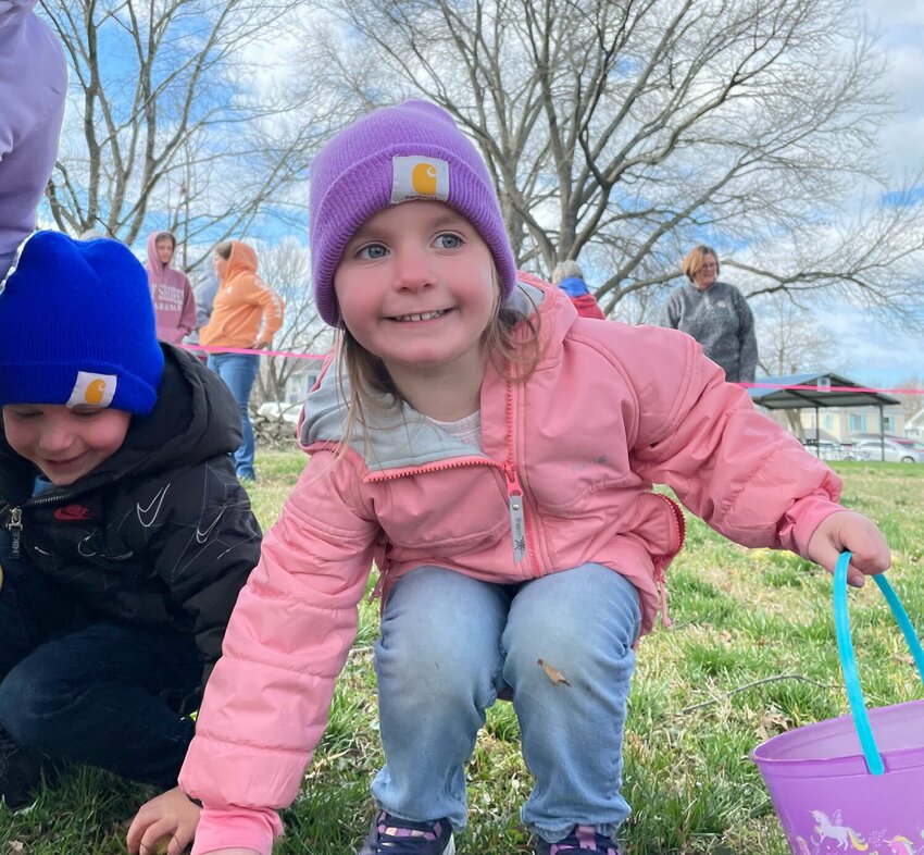 Jaycee Beck sports spring colors as she braves the cold Saturday, April 1 at the Liberty Park Easter Egg Hunt hosted by Sedalia Parks and Recreation.   Photo by Chris Howell | Democrat