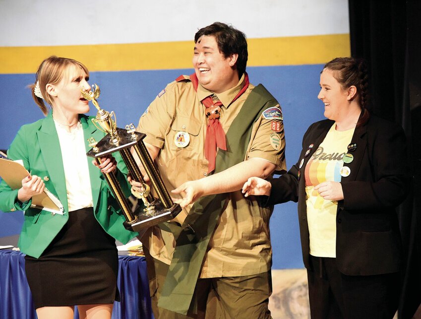 On Monday night, April 24, actors, from left, Amollie Stoermer as Rona Lisa Peretti, Matthew Dillon as Chip Tolentino, and Megan Drainis as Logainne SchwartzandGrubenierre rehearse a scene from the musical, &ldquo;The 25th Annual Putnam County Spelling Bee.&rdquo; The show will be performed this weekend and next at the Hayden Liberty Center.   Photo by Faith Bemiss | Democrat