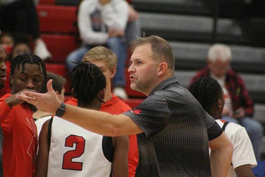 Pictured motioning in front of Mules basketball players, head coach Doug Karleskint and Central Missouri mutually parted ways after nine seasons in a move that was announced by the school Wednesday afternoon.&nbsp;   PhotoCredit: File photo by Joe Andrews | Star-Journal