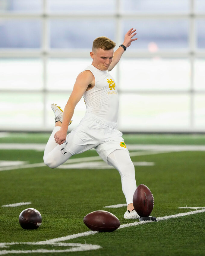 Kicker Blake Grupe kicks off during Notre Dame football's NFL Pro Day in South Bend, Ind., Friday, March 24, 2023.&nbsp;   PhotoCredit: File photo by Charles Rex Arbogast | AP Photo