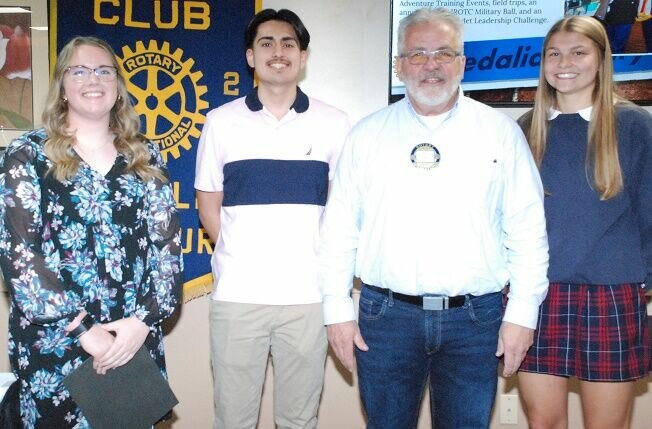 The Sedalia Rotary Club recently recognized several Pettis County students for their academic, civic and other endeavors as the Club's Students of the Month at its April 24 meeting. Sedalia Rotary Youth Chairman Dr. David Limbaugh (third from left) led the honors for, from left, Mattilyn Mergen of Green Ridge, Darren Sanchez of Smith-Cotton, and Emma Siron of Sacred Heart.   Photo courtesy of Sedalia Rotary Club