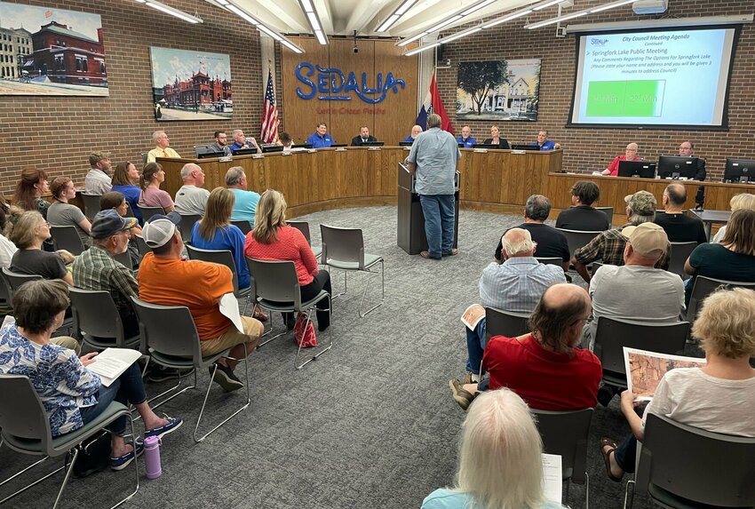 A public hearing Monday at the Sedalia City Council meeting regarding the future of Spring Fork Lake brought dozens of people trying to save the lake and not one person wanting to sell the city-owned property.   Photo by Chris Howell | Democrat