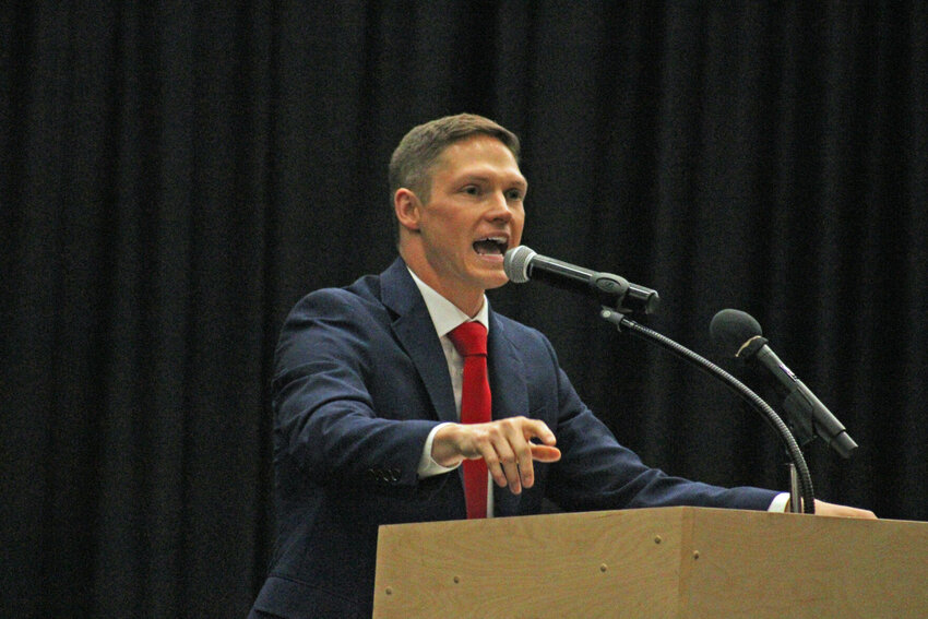 University of Central Missouri Vice President for Intercollegiate Athletics Matt Howdeshell speaks during his introductory press conference Friday, May 12, at the Multipurpose Building.   PhotoCredit: Photo by Joe Andrews | Star-Journal