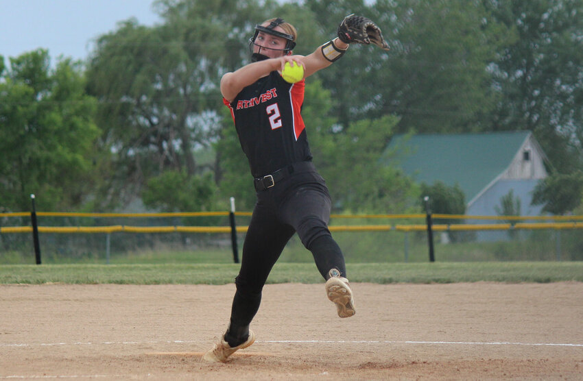 One of four first-team All-Kaysinger Conference selections from Northwest, junior Valerie Meyer prepares to pitch in a district tournament game against Green Ridge on May 8.   PhotoCredit: File photo by Bryan Everson | Democrat