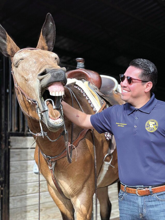 Pettis County Eastern Commissioner Israel Baeza laughs it up with CoCo the mule at Von Holten Ranch on Friday, July 28. Baeza was attending the filming of the ranch by RFD TV &quot;Best of America by Horseback.&quot; The episode will air on Oct. 4 and Oct 10.   Photo courtesy of Zoe Urtel | Von Holten Ranch