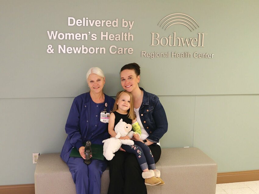 Helen Fisher, an RN in Women&rsquo;s Health and Newborn Care at Bothwell Regional Health Center, recently received the prestigious DAISY Award for Extraordinary Nurses. Fisher was nominated for the award by Gabby White. From left, Fisher and Gabby and Brooke White.   Photo courtesy of Bothwell Regional Health Center