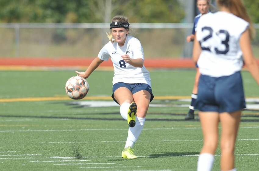 State Fair Community College women's soccer defender Megan Toops kicks a ball up the pitch in a match against Metropolitan Community College on Oct. 24, 2021. The school announced Tuesday that the Lady Roadrunners would be taking a hiatus for the 2023-24 season.   PhotoCredit: File photo by Bryan Everson | Democrat