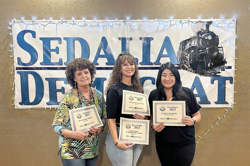 A family of businesses received Best of Sedalia and Star Business awards recently. From left are Becca La Strada, owner of Becca&rsquo;s Framing and Antiques, her daughter Tiffany Walter, owner of The Boulevard Hair Company, and Walter's daughter-in-law, Mia Walter, owner of Mia Walter Photography.   Photo by Faith Bemiss-McKinney | Democrat