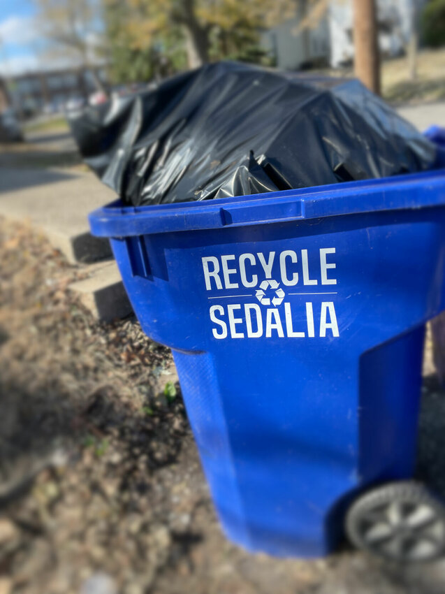 This recycle Sedalia bin is just a stylishly-colored trashcan since curbside recycling was suspended in Sedalia several years ago. Misuse of the mixed-recyclables system and a dwindling market for recyclables doomed the practice for now.   Photo by Chris Howell | Democrat