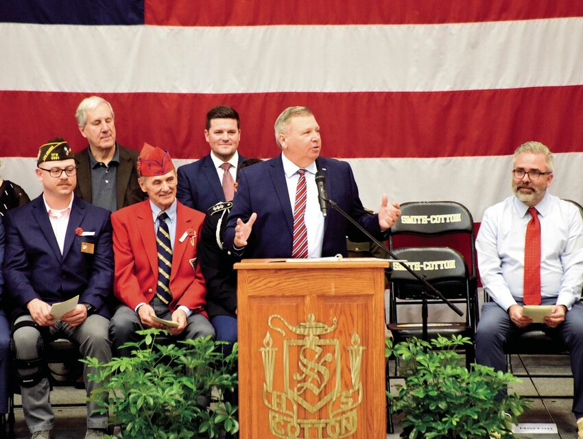 Friday morning, Nov. 10, Command Sgt. Major (Ret.) Richard C. Morris, of Nixa, speaks to the crowd during the annual Smith-Cotton High School JROTC Veterans Day event. &quot;America is the land of the free,&quot; Morris noted, &quot;because of the brave.&quot;   Photo by Faith Bemiss-McKinney | Democrat