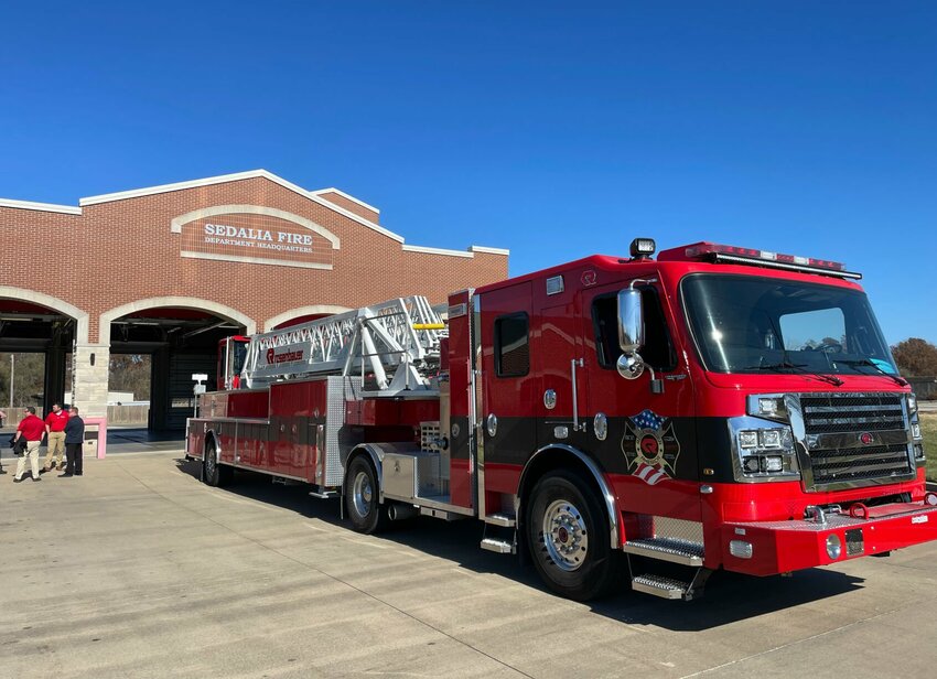 Representatives with Sentinel Emergency Solutions of of St. Louis drove this Rosenbauer tiller truck to demonstrate for the Sedalia Fire Department Wednesday. Tiller trucks are similar to tractor-trailers as they can pivot in the center.   Photo by Chris Howell | Democrat
