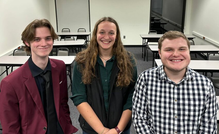 State Fair Community College&rsquo;s speech and debate teammates, from left, Joshua Kofahl, Molly Pritchard and Tyson Page earned the second place Debate Sweepstakes award at the University of Central Florida&rsquo;s Sunshine Series virtual tournament. Not pictured is Lucas Culbertson.   Photo courtesy of State Fair Community College